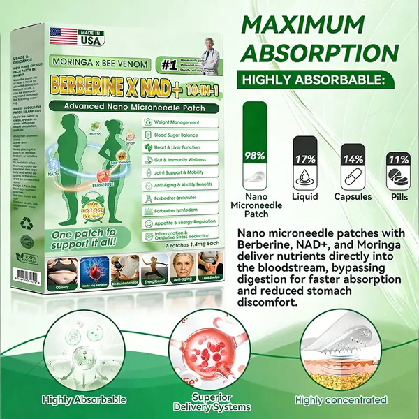 LUMIVO™ Moringa · Berberine × NAD+ 𝟏𝟎-𝐢𝐧-𝟏 𝐀𝐝𝐯𝐚𝐧𝐜𝐞𝐝 𝐍𝐚𝐧𝐨 𝐌𝐢𝐜𝐫𝐨𝐧𝐞𝐞𝐝𝐥𝐞 𝐏𝐚𝐭𝐜𝐡 — 𝐎𝐧𝐜𝐞 𝐃𝐚𝐢𝐥𝐲, 𝐕𝐢𝐬𝐢𝐛𝐥𝐞 𝐑𝐞𝐬𝐮𝐥𝐭𝐬 𝐢𝐧 𝟕 𝐃𝐚𝐲𝐬