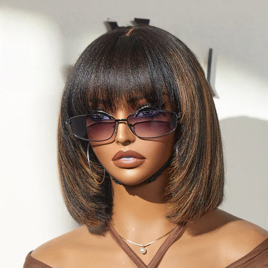 Special Offer | Put On and Go Brown Highlight / Natural Black Layered Cut Yaki Straight Minimalist Lace Bob Wig with Bangs
