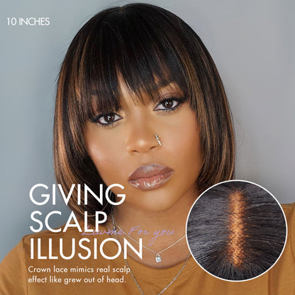 Special Offer | Put On and Go Brown Highlight / Natural Black Layered Cut Yaki Straight Minimalist Lace Bob Wig with Bangs