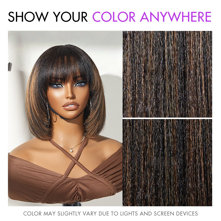Special Offer | Put On and Go Brown Highlight / Natural Black Layered Cut Yaki Straight Minimalist Lace Bob Wig with Bangs