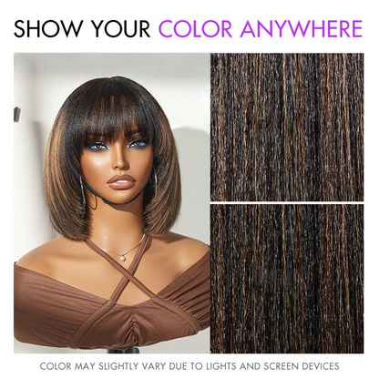 Special Offer | Put On and Go Brown Highlight / Natural Black Layered Cut Yaki Straight Minimalist Lace Bob Wig with Bangs