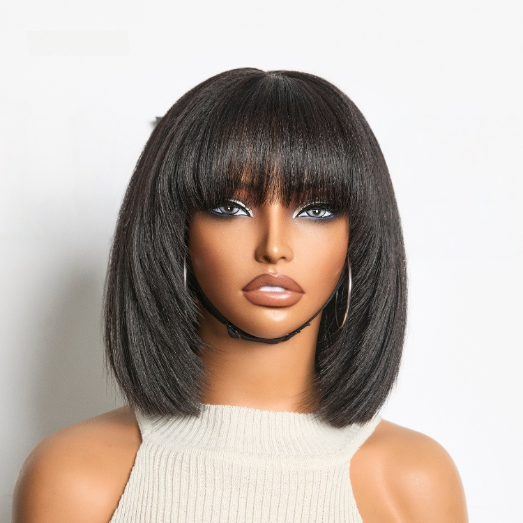 Special Offer | Put On and Go Brown Highlight / Natural Black Layered Cut Yaki Straight Minimalist Lace Bob Wig with Bangs
