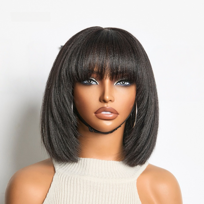 Special Offer | Put On and Go Brown Highlight / Natural Black Layered Cut Yaki Straight Minimalist Lace Bob Wig with Bangs