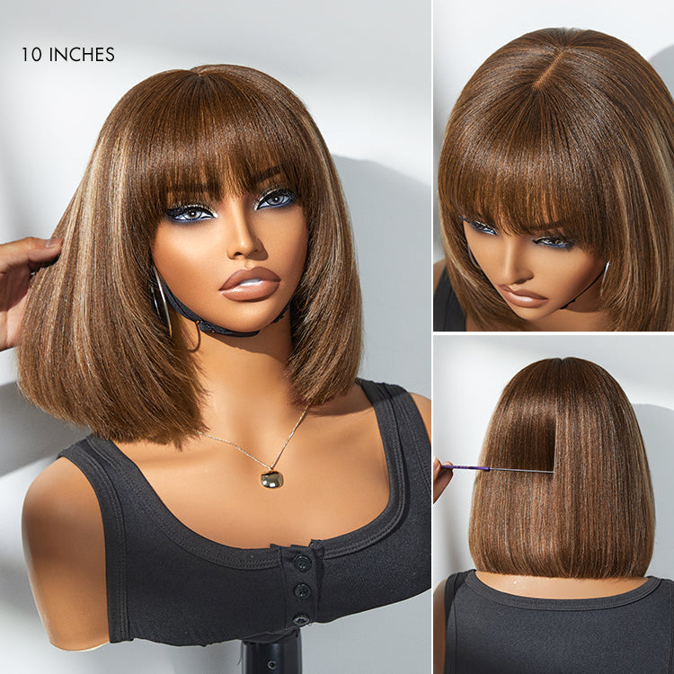 Special Offer | Put On and Go Brown Highlight / Natural Black Layered Cut Yaki Straight Minimalist Lace Bob Wig with Bangs